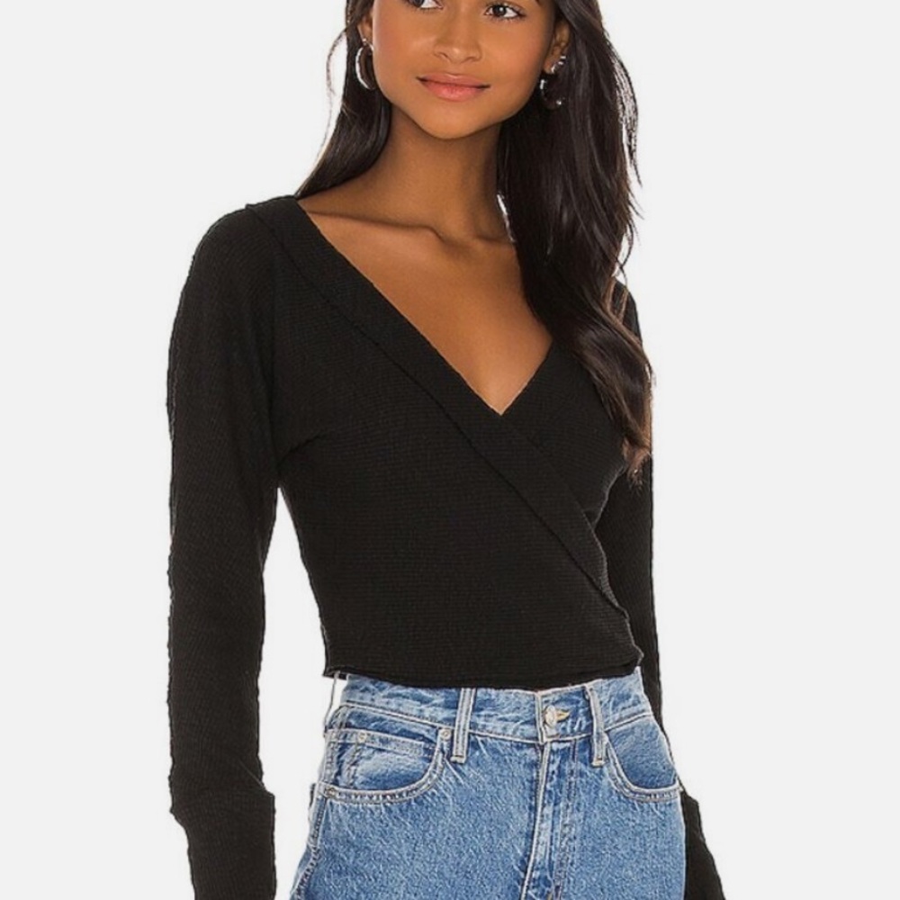 Free People Lupine Tee Black XS Ribbed Faux Wrap Long Sleeve Top
